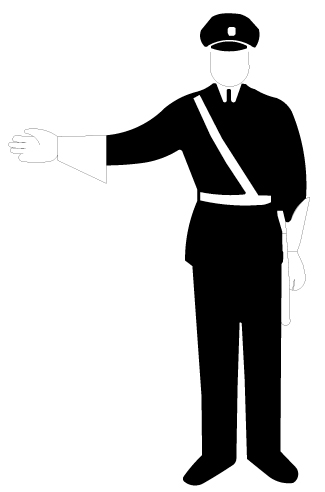 Polismans tecken. Här skall trafik som kommer fram och bakifrån stanna.